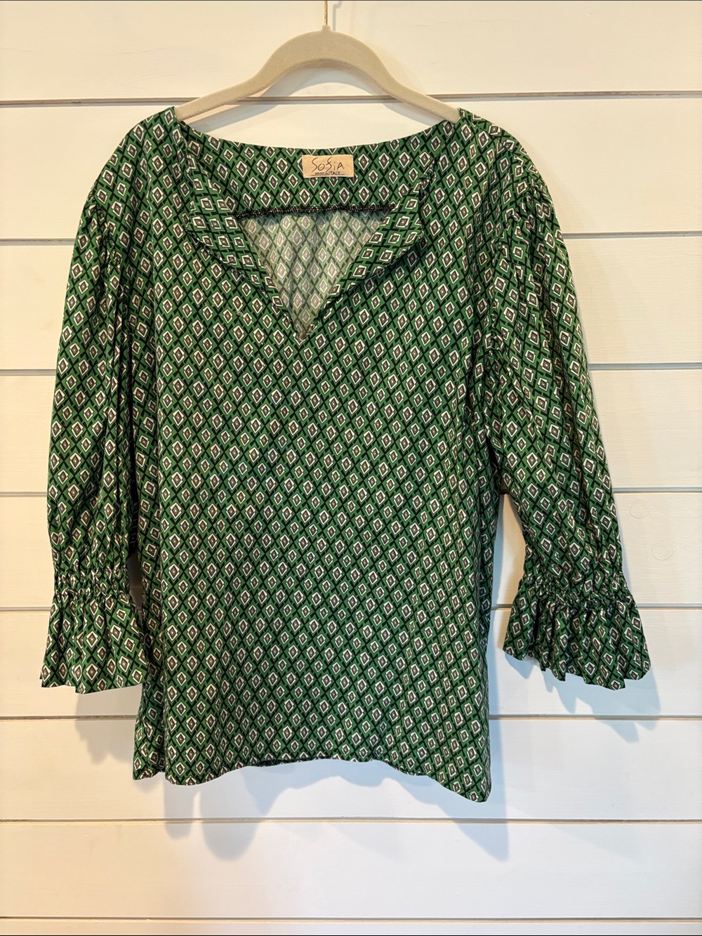 Sofia Green Diamond-Print V-Neck Tunic with Ruffle Cuffs